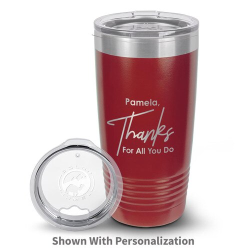red stainless steel tumbler with thanks message and personalization