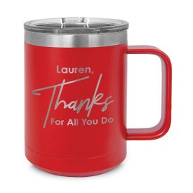 red stainless steel mug with thanks message and personalization