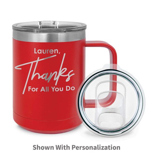 red stainless steel mug with thanks message and personalization