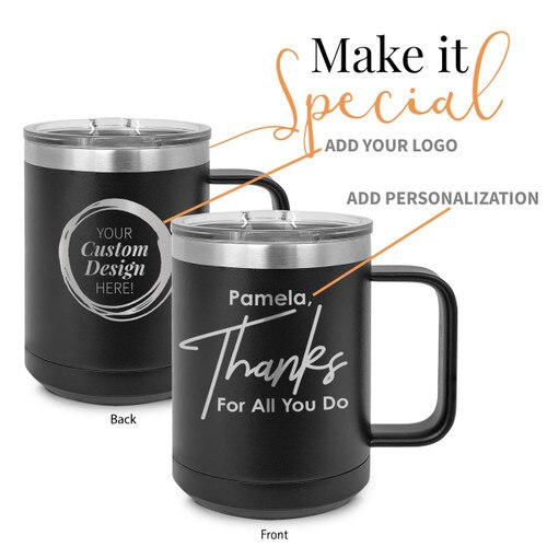 black stainless steel mug with thanks message and add your logo