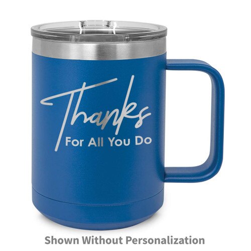 blue stainless steel mug with thanks message