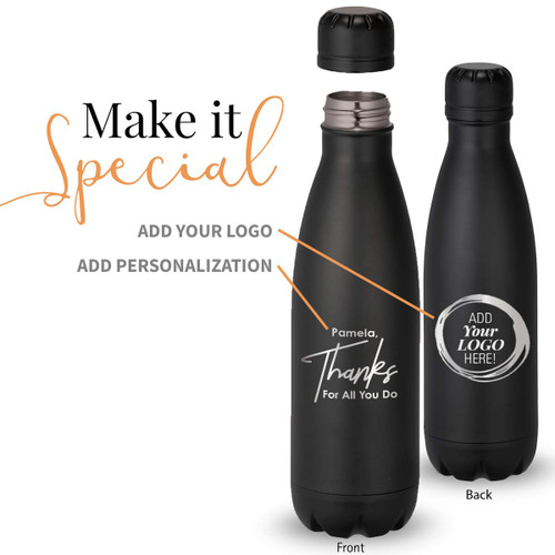 black stainless steel water bottle with thanks message and add your logo
