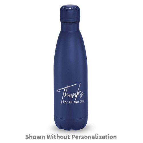 navy stainless steel water bottle with thanks message