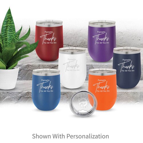 multiple colors of 12 oz. stainless steel tumblers with thanks message and personalization