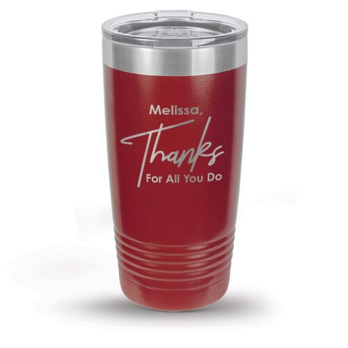 red stainless steel tumbler with thanks message and personalization