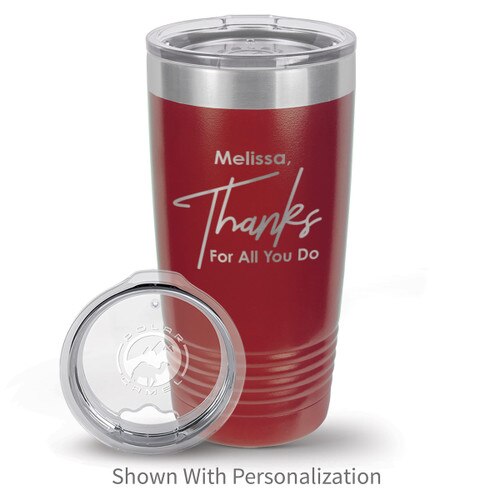 red stainless steel tumbler with thanks message and personalization