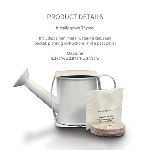mini watering can with peat pellet and seed packet with product details