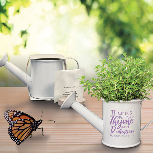thyme in mini watering can with a butterfly
