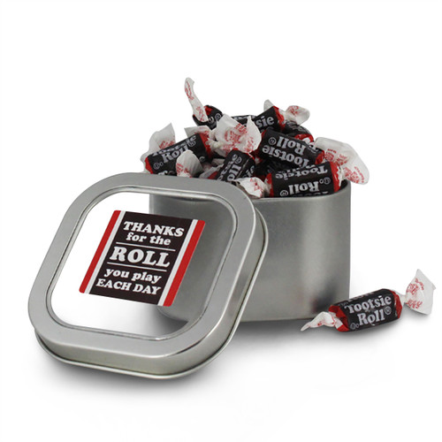square tin with thanks for the roll message and individually wrapped tootsie rolls