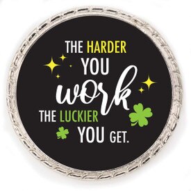 Kudo Coin With “The Harder You Work The Luckier You Get”. Made Of Silver Metal Featuring Rope Design Around The Outside.