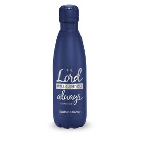 blue stainless steel water bottle with the lord will guide you always message