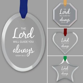 different shapes of crystal ornament with the lord will guide you always message and satin ribbon