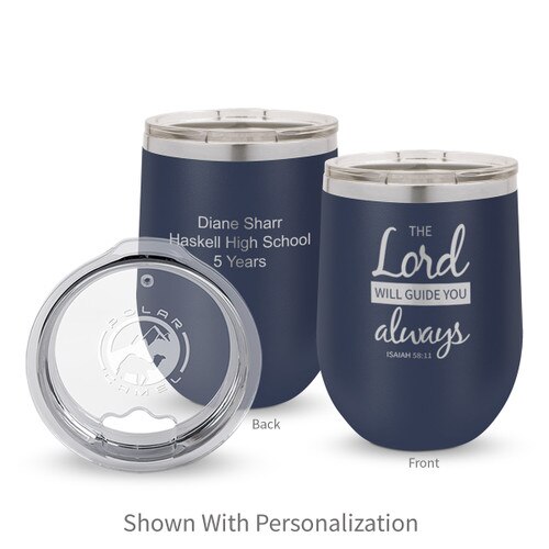navy 12 oz. stainless steel tumblers with the lord will guide you always message and personalization