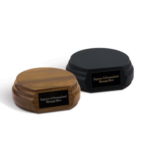black and a brown walnut three-quarter round bases with personalized black brass plates