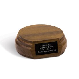 walnut three-quarter round base with personalized black brass plate