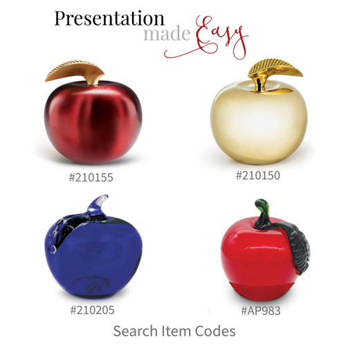 crimson apple, brass apple, blue handblown glass apple, and red glass apple