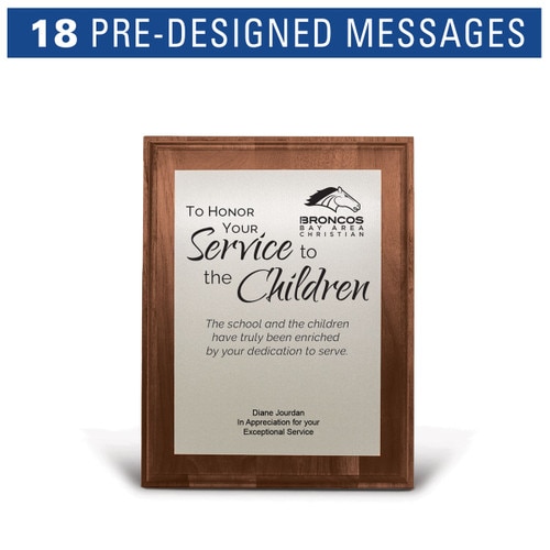 Solid walnut plaque with brushed silver plate featuring pre-designed messages just for educators