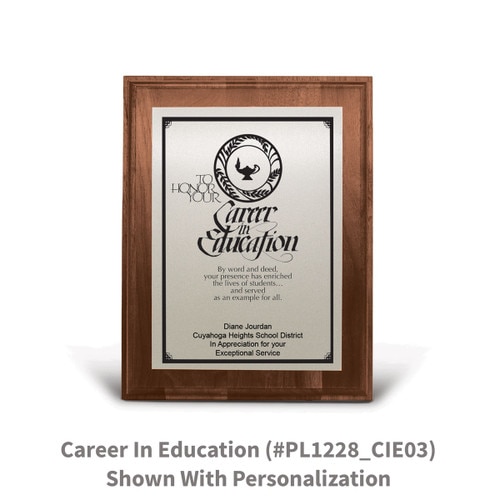 7x9 walnut plaque with brushed silver plate featuring career in education message