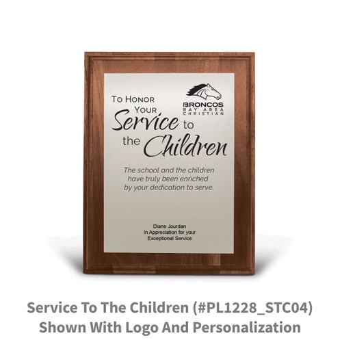 7x9 walnut plaque with brushed silver plate featuring service to the children message