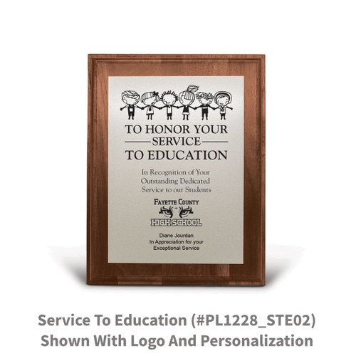 7x9 walnut plaque with brushed silver plate featuring service to education message