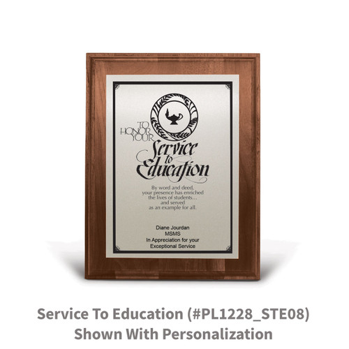 7x9 walnut plaque with brushed silver plate featuring service to education message
