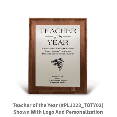 7x9 walnut plaque with brushed silver plate featuring teacher of the year message
