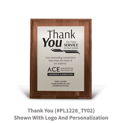 7x9 walnut plaque with brushed silver plate featuring thank you message