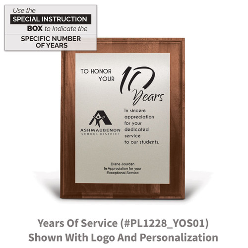 7x9 walnut plaque with brushed silver plate featuring 10 years of service message