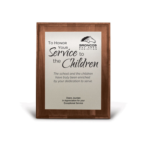 7x9 walnut plaque with brushed silver plate featuring service to the children message