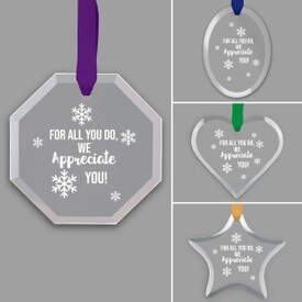 different shapes of crystal ornament with appreciation message and satin ribbon