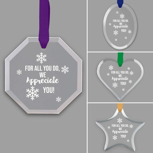different shapes of crystal ornament with appreciation message and satin ribbon