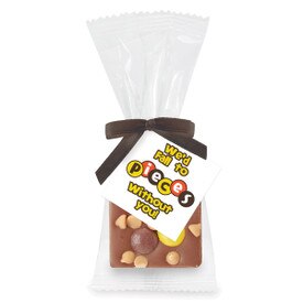 Bite-size Belgian chocolate square with Reese's topping. Inspirational card reads “We’d Fall To Pieces Without You!”