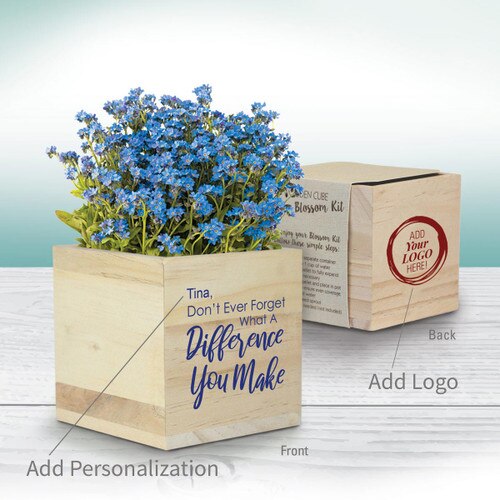 forget-me-nots in a wooden cube with difference you make message and add you logo