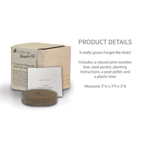 wooden cube with peat pellet and seed packet with product details