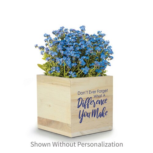 forget-me-nots in a wooden cube with difference you make message