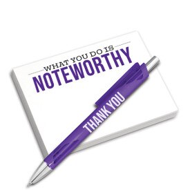 4x3 sticky notepad and pen combo. 100 sheets featuring the message Thanks For All You Do! Includes red mechanical pen.