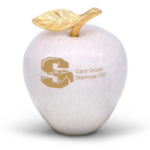 Solid white marble apple with brass stem and leaf