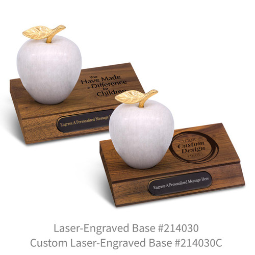 laser engraved walnut bases with black brass plates and white marble apples