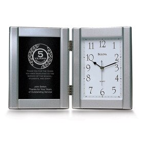 pewter framed clock award with 5 years of service message