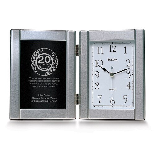 pewter framed clock award with 20 years of service message