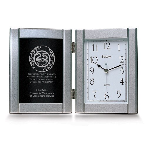 pewter framed clock award with 25 years of service message