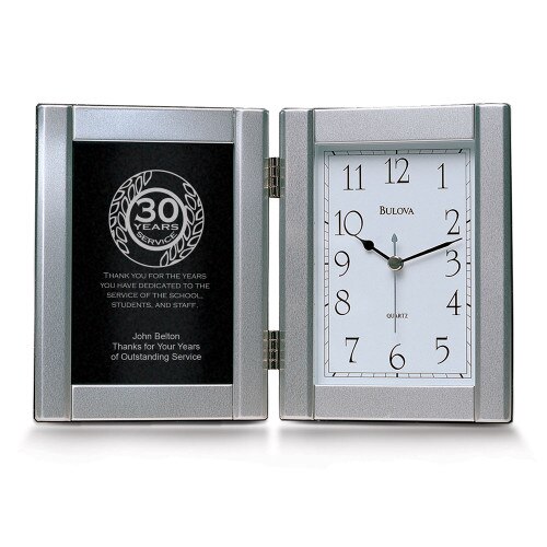 pewter framed clock award with 30 years of service message