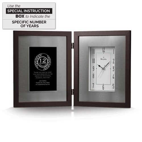 large frame clock award with 12 years of service message