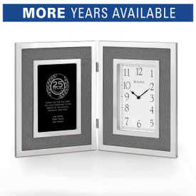 Bulova Large Silver Framed Clock featuring gray linen fabric accents and etched years of service recognition saying