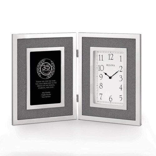 large silver framed clock award with 35 years of service message