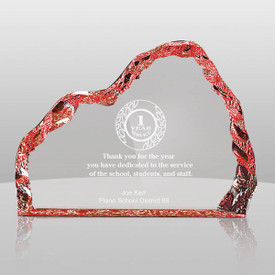 red acrylic iceberg with 1 year of service to education messages and personalization