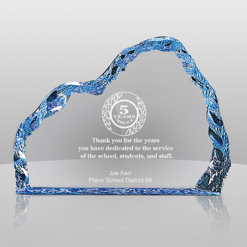 blue acrylic iceberg with 5 years of service to education messages and personalization