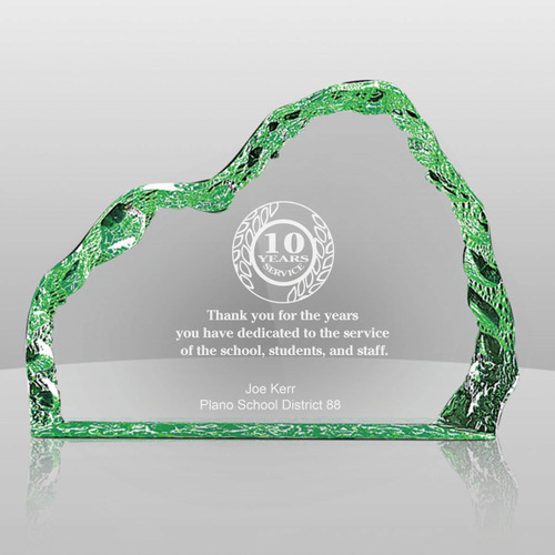 green acrylic iceberg with 10 years of service to education messages and personalization