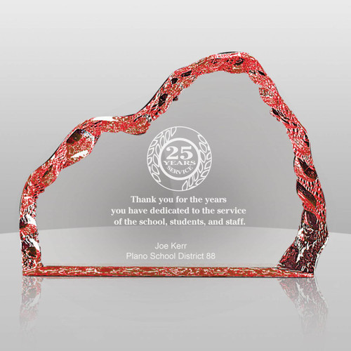 red acrylic iceberg with 25 years of service to education messages and personalization