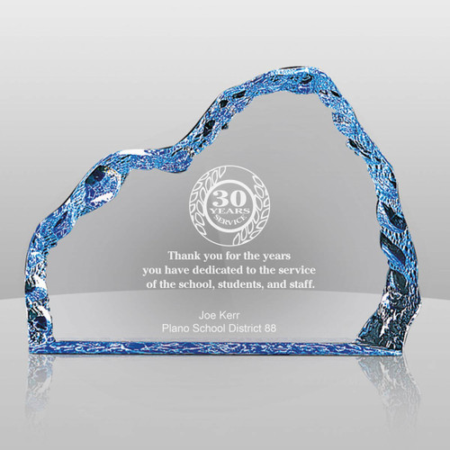 blue acrylic iceberg with 30 years of service to education messages and personalization